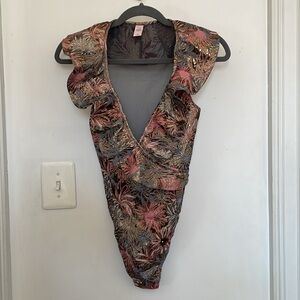 Victoria’s Secret Metallic Brocade Ruffled Mesh bodysuit